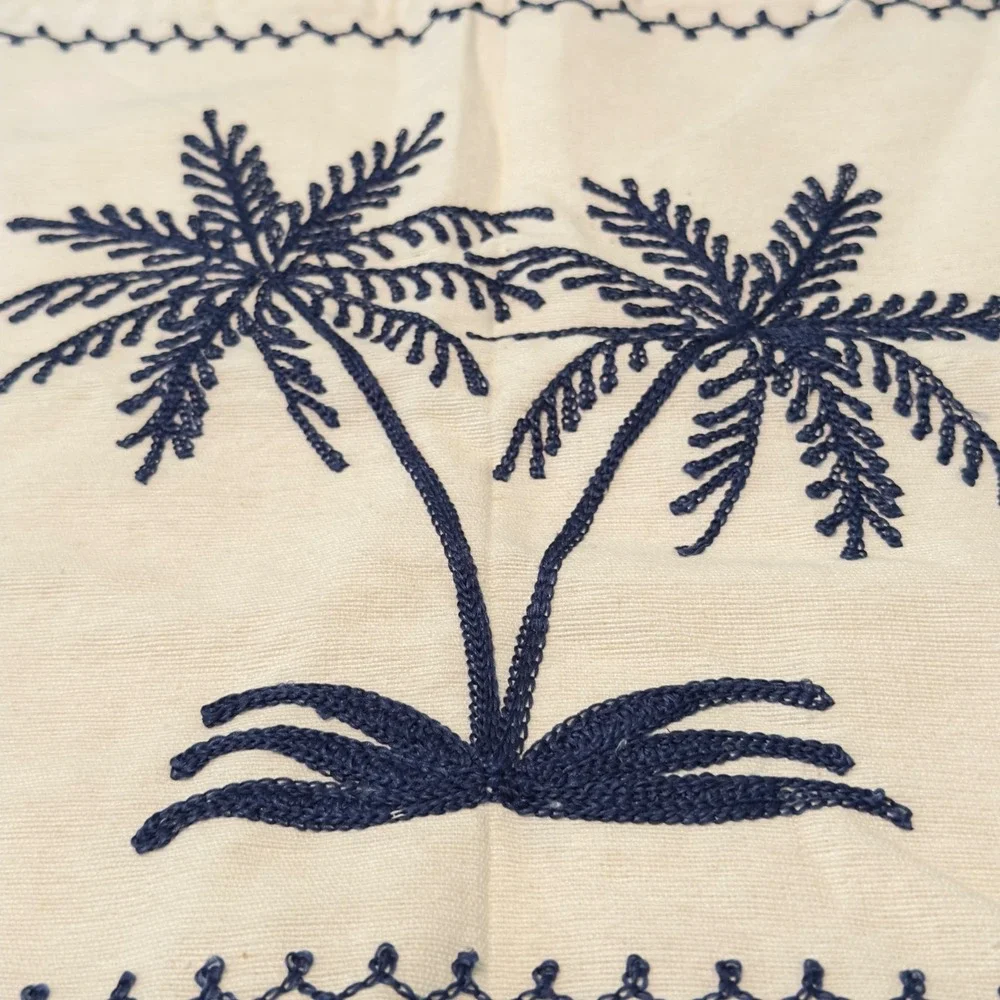 Navy Blue Embroidered Palm Tree Cream Throw Pillow Cover 15.5X15.5